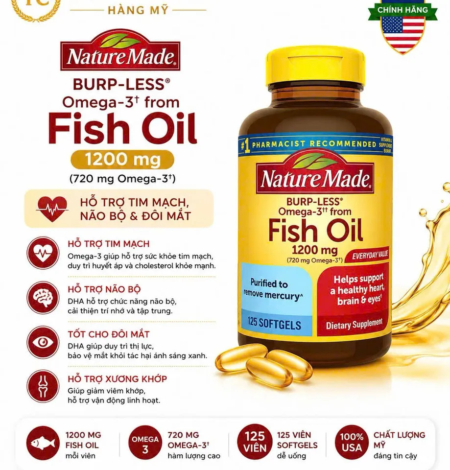 Hàng Mỹ Chính Hãng - Nature Made  fish oil omega 3 1200mg (720 mg omega3)125 Viên Bổ Sung Omega-3 Hỗ Trợ Tim Mạch, Não Bộ Và Thị Lực