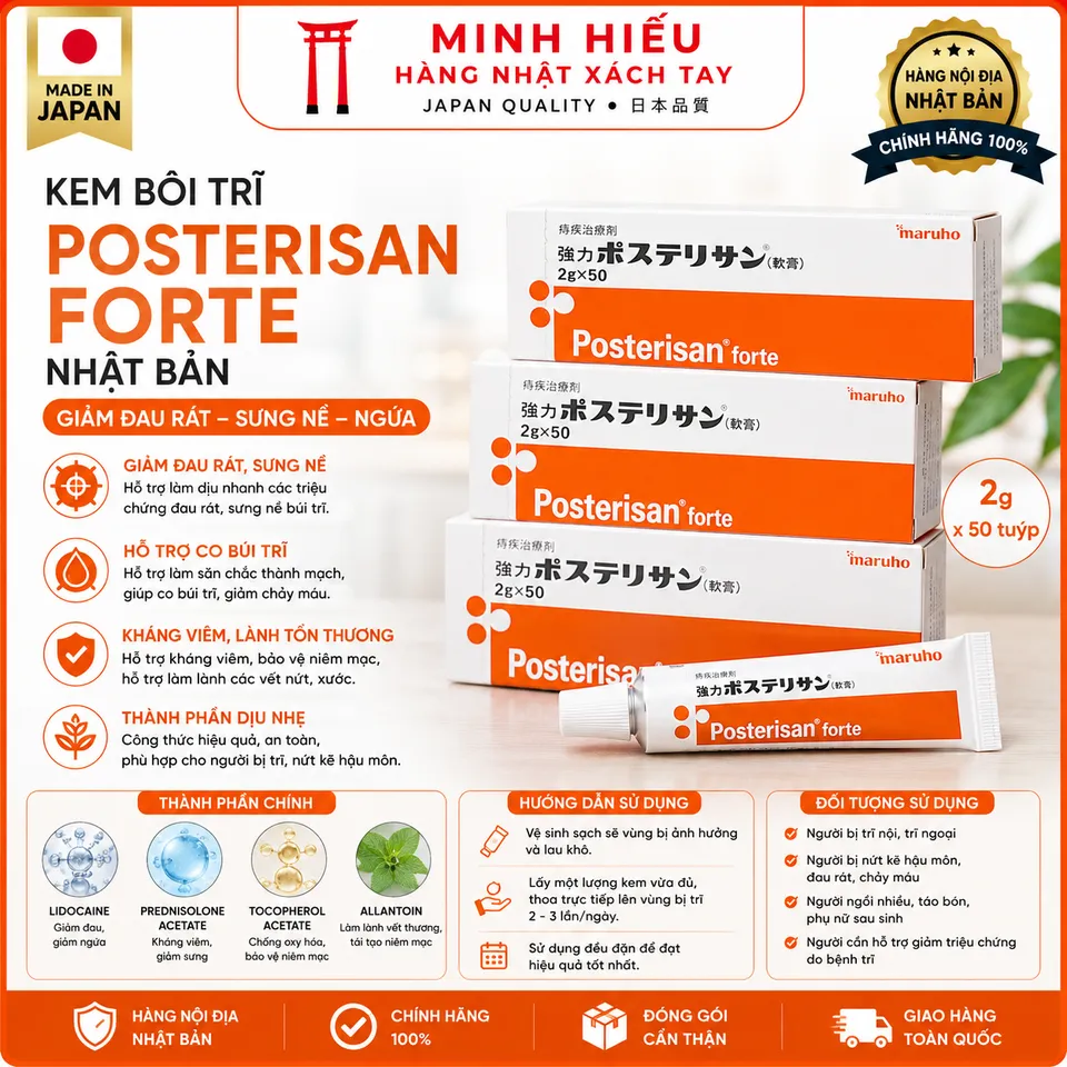 Kem Bôi Trĩ Posterisan Forte Nhật Bản 2g x 50 Tuýp – Hỗ Trợ Giảm Đau Rát, Sưng Viêm, Ngứa Hậu Môn, 10 TUÝP