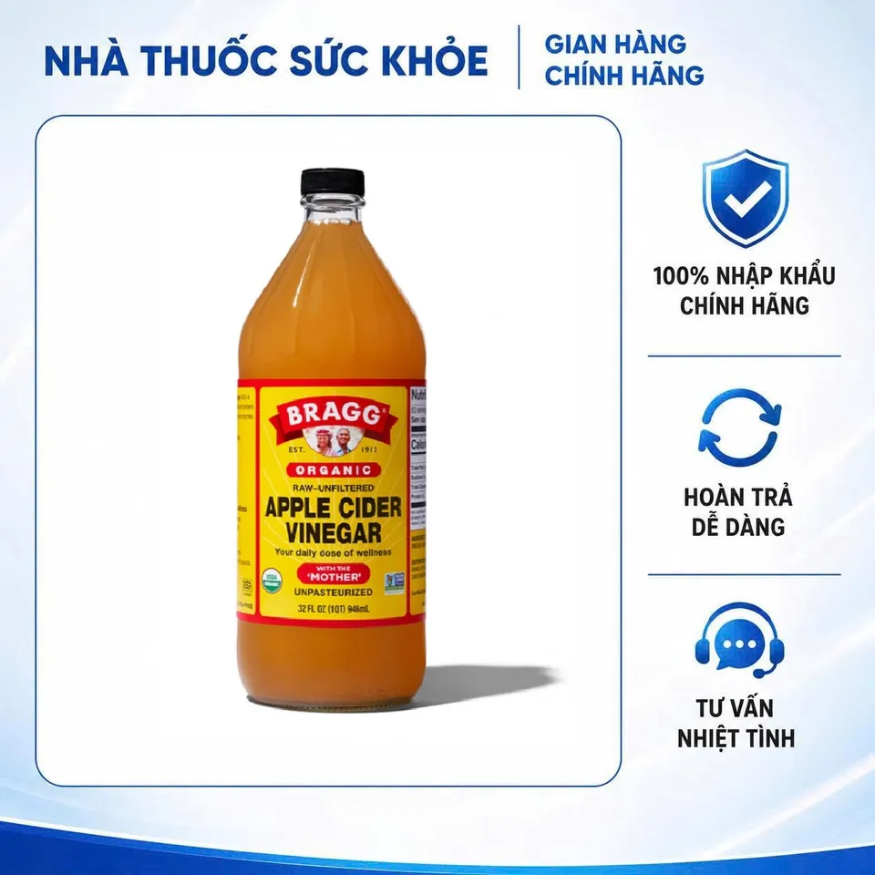 [Nhập khẩu chính hãng] Giấm Táo Hữu Cơ Bragg Organic Mỹ - Chai 946ml, Chứa Dấm Cái Mother Giàu Enzyme, Hỗ Trợ Tiêu Hóa và Kiểm Soát Cân Nặng, USDA Organic