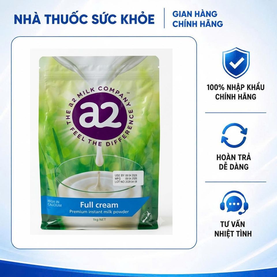 [Hàng nhập khẩu - Đủ VAT] Sữa A2 Nguyên Kem Dạng Bột 1kg - Sữa Tươi Úc Bổ Sung Dinh Dưỡng Tăng Cường Sức Khỏe Cho Mọi Lứa Tuổi, 1kg - Túi giấy