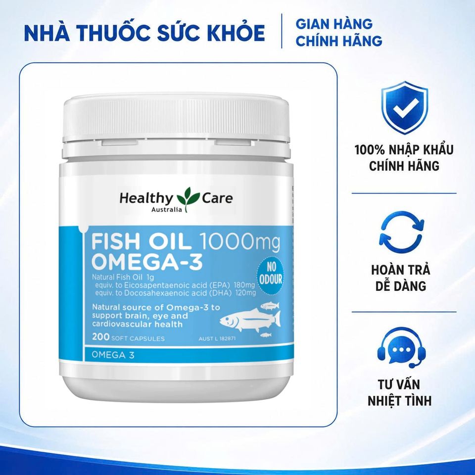 (Hàng nhập khẩu) Dầu cá Omega 3 Healthy Care Fish Oil 1000mg của Úc, 200 viên, 200 viên