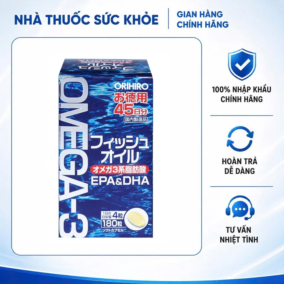 [Hàng nhập khẩu] Dầu Cá Omega 3 Orihiro Nhật Bản 180 Viên - Hỗ Trợ Tim Mạch, Trí Não và Thị Lực, Hàm Lượng Omega 3 Cao 300mg Trong 1 Liều Dùng, Mẫu mới
