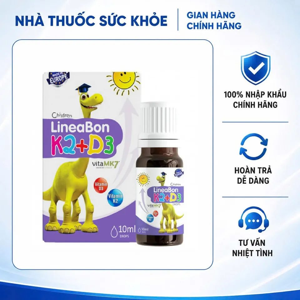 [Hàng nhập khẩu] Vitamin D3 + K2 LineaBon 10ml - Hỗ trợ hấp thu canxi, phát triển chiều cao cho trẻ sơ sinh và trẻ nhỏ, sản phẩm chính hãng từ Châu Âu