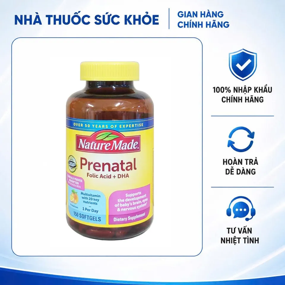 [Hàng Nhập khẩu] Vitamin tổng hợp dành cho bà bầu Nature Made Prenatal Folic Acid + DHA - 150 viên hỗ trợ sức khỏe mẹ và sự phát triển thai nhi, ngăn dị tật ống thần kinh., 150 viên